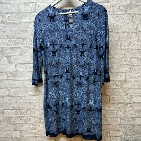WHITE House Black Market dress women’s size medium blue paisley 3/4 sleeves - Picture 1 of 6